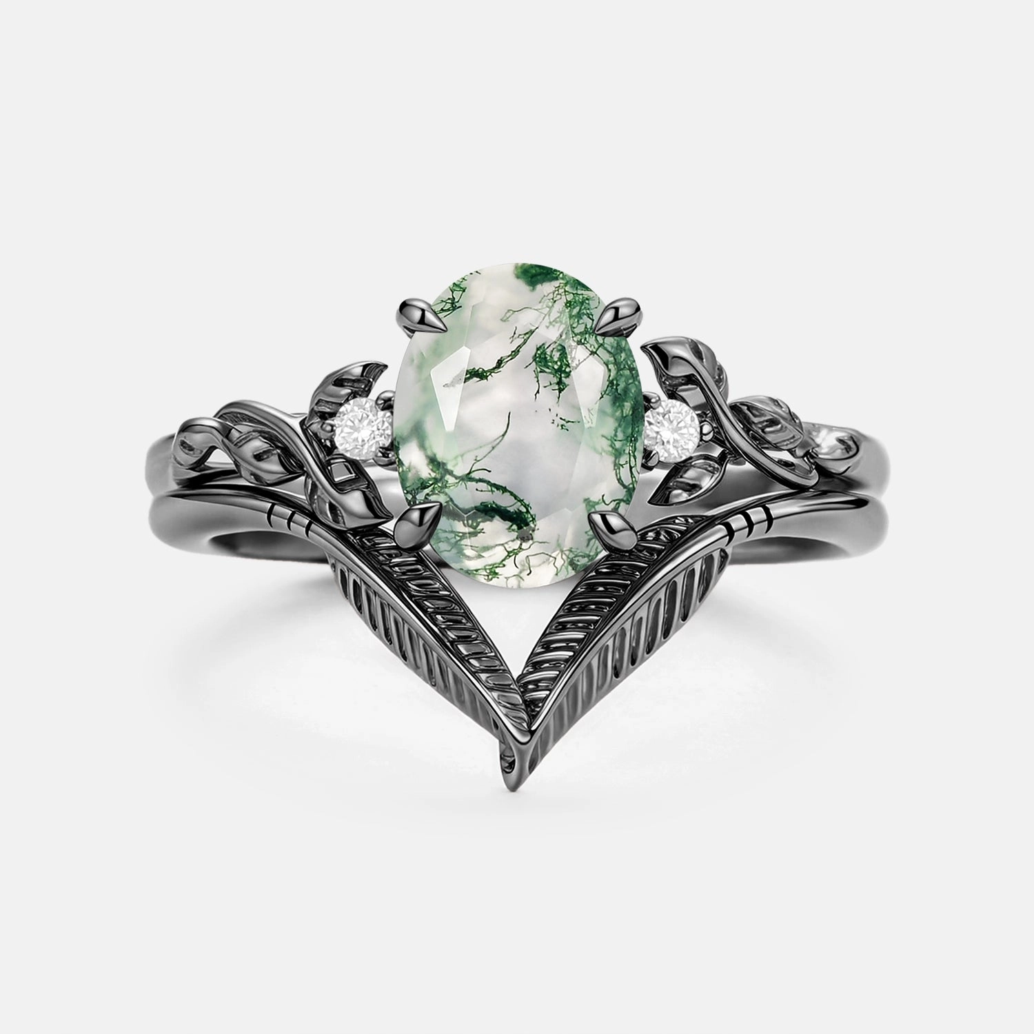 Oval Cut Moss Agate Leafy Gold Ring Set 2pcs - Juniper Delicate Adornment