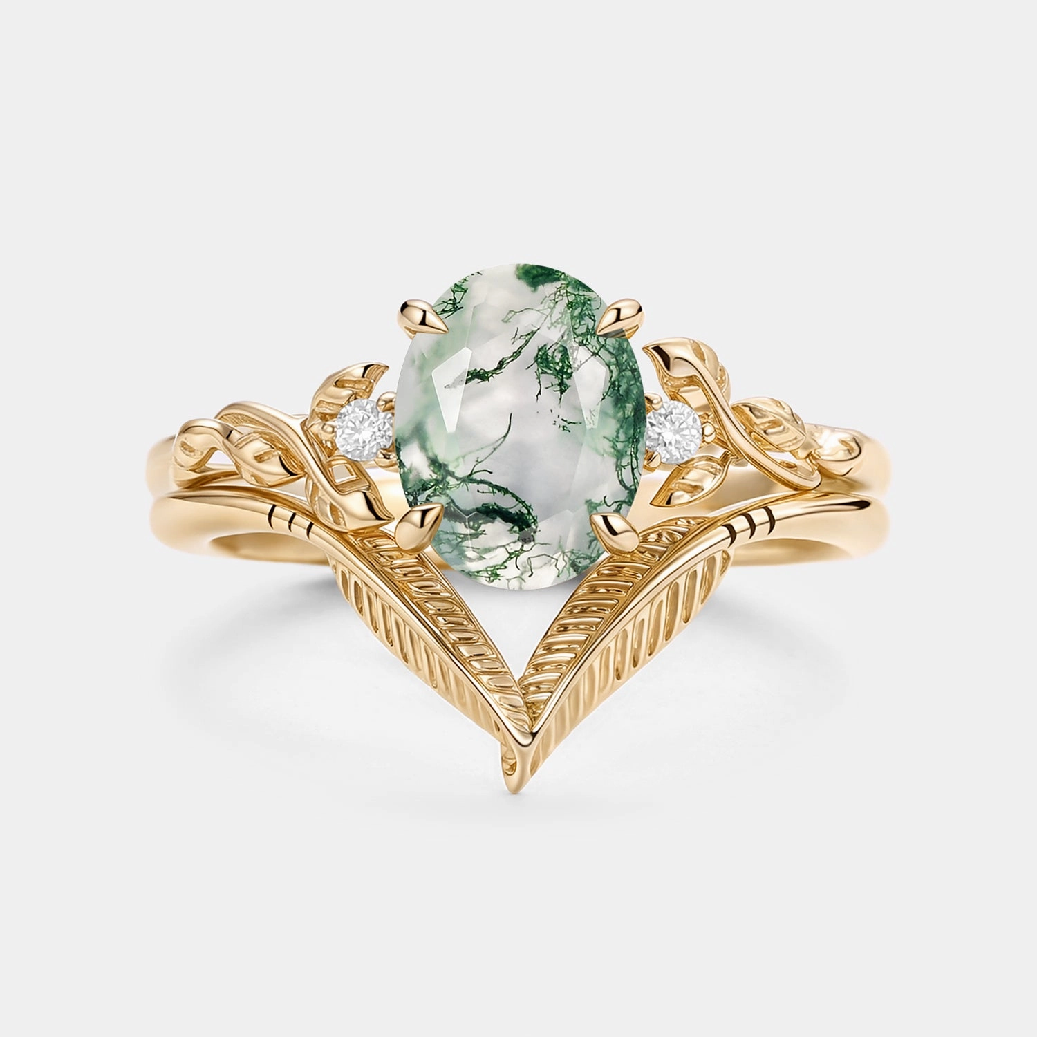 Oval Cut Moss Agate Leafy Gold Ring Set 2pcs - Juniper Smart Casual