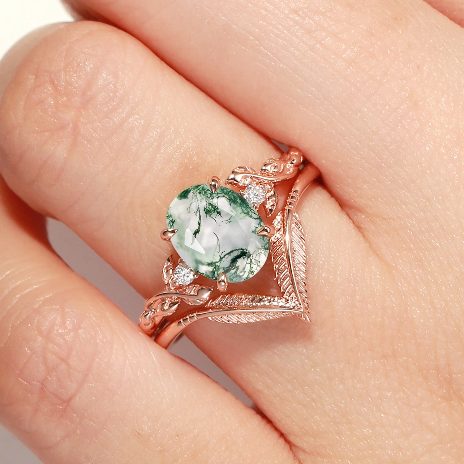 Handcrafted Beauty Oval Cut Moss Agate Leafy Gold Ring Set 2pcs - Juniper