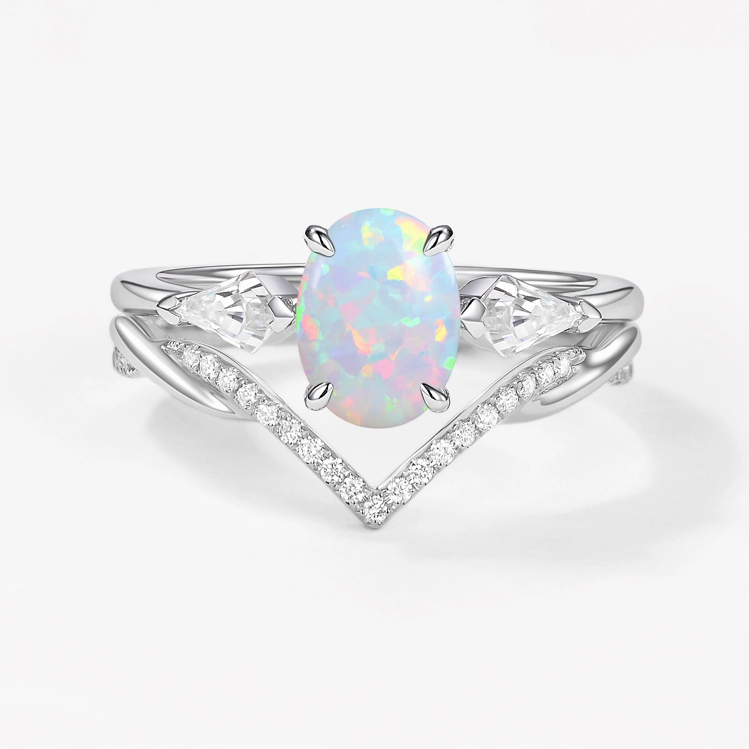 Oval Cut Moss Agate Three Stone Style Ring Set 2pcs Artistic Edge