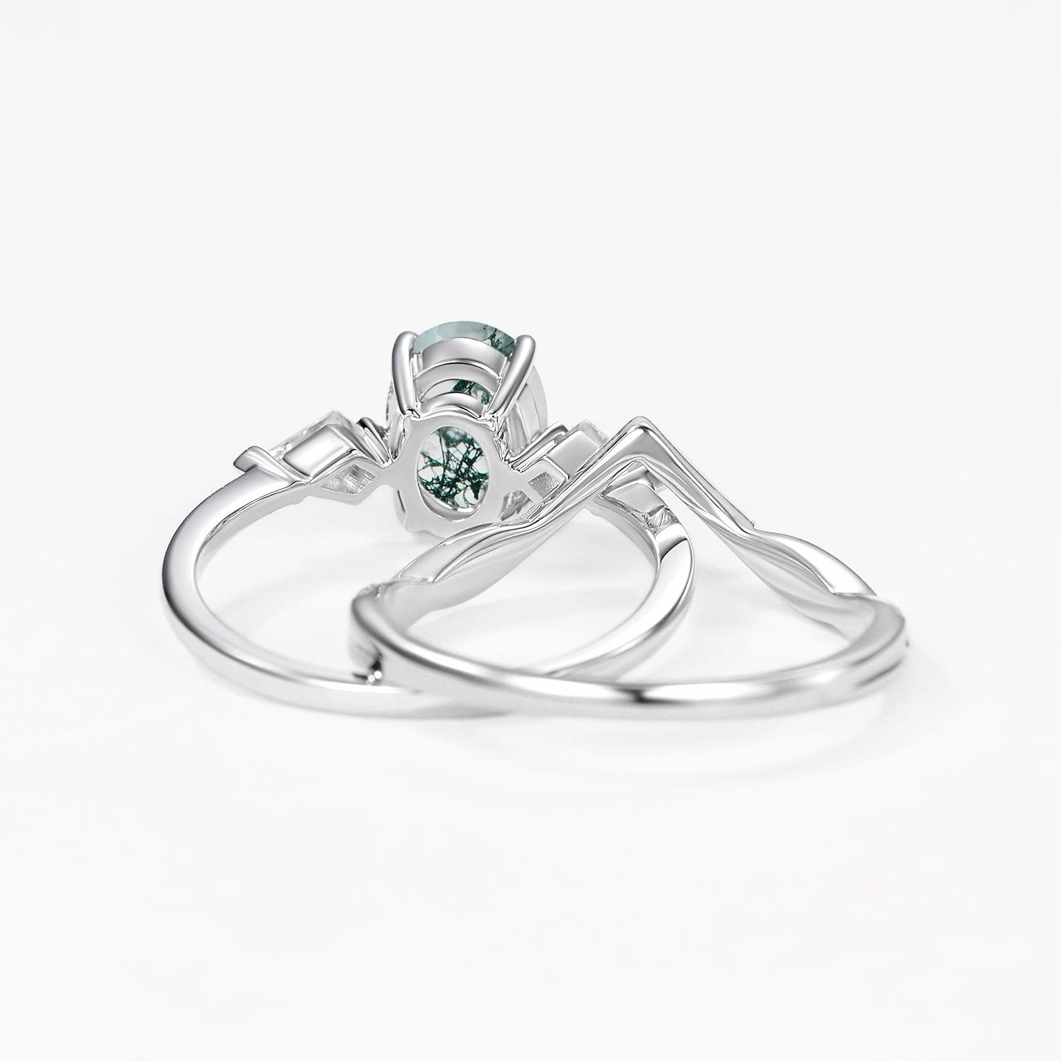 Oval Cut Moss Agate Three Stone Style Ring Set 2pcs Trendy Pieces All Time