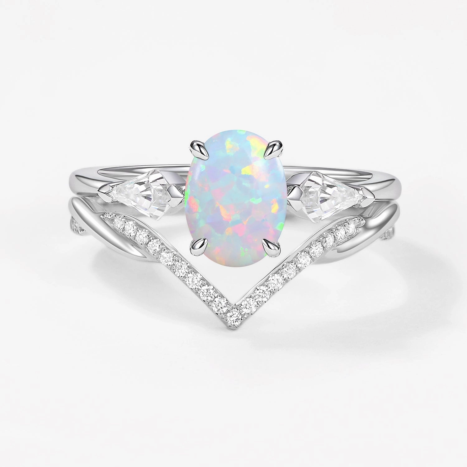 Oval Cut Moss Agate Three Stone Style Ring Set 2pcs Evening Appeal Precious Jewelry Pieces