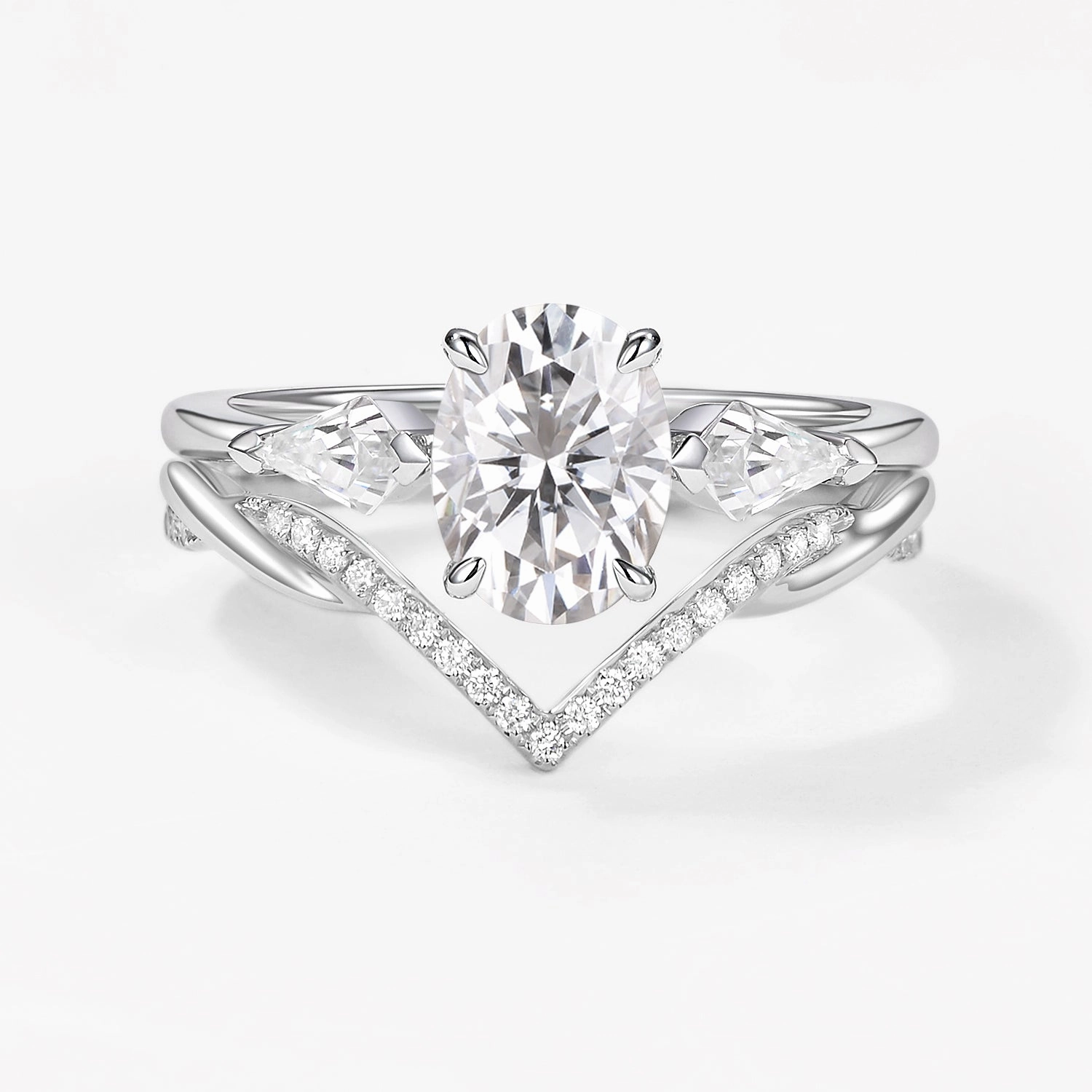 Gift Under 50 Oval Cut Moss Agate Three Stone Style Ring Set 2pcs