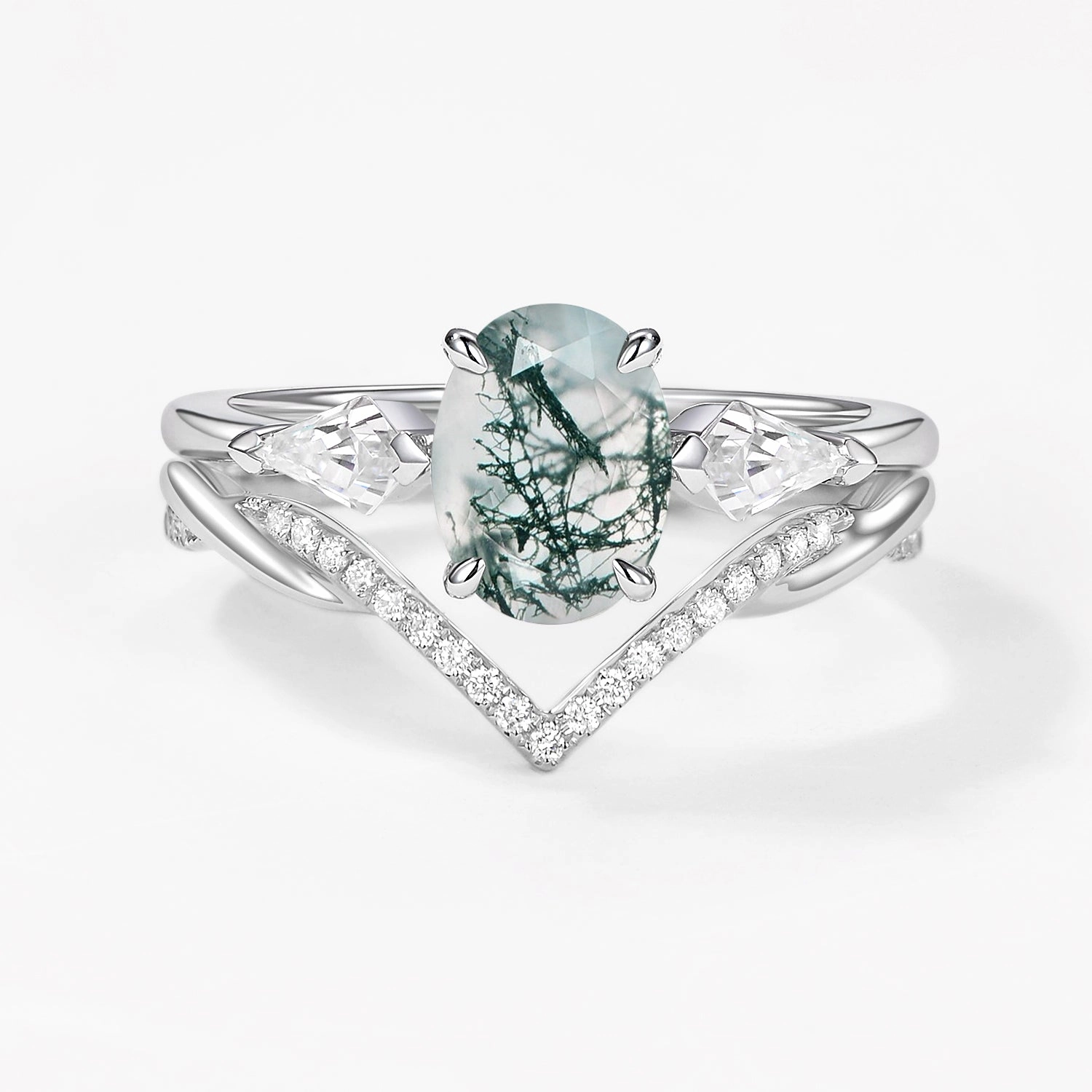 Oval Cut Moss Agate Three Stone Style Ring Set 2pcs Natural Flow Layered Accent