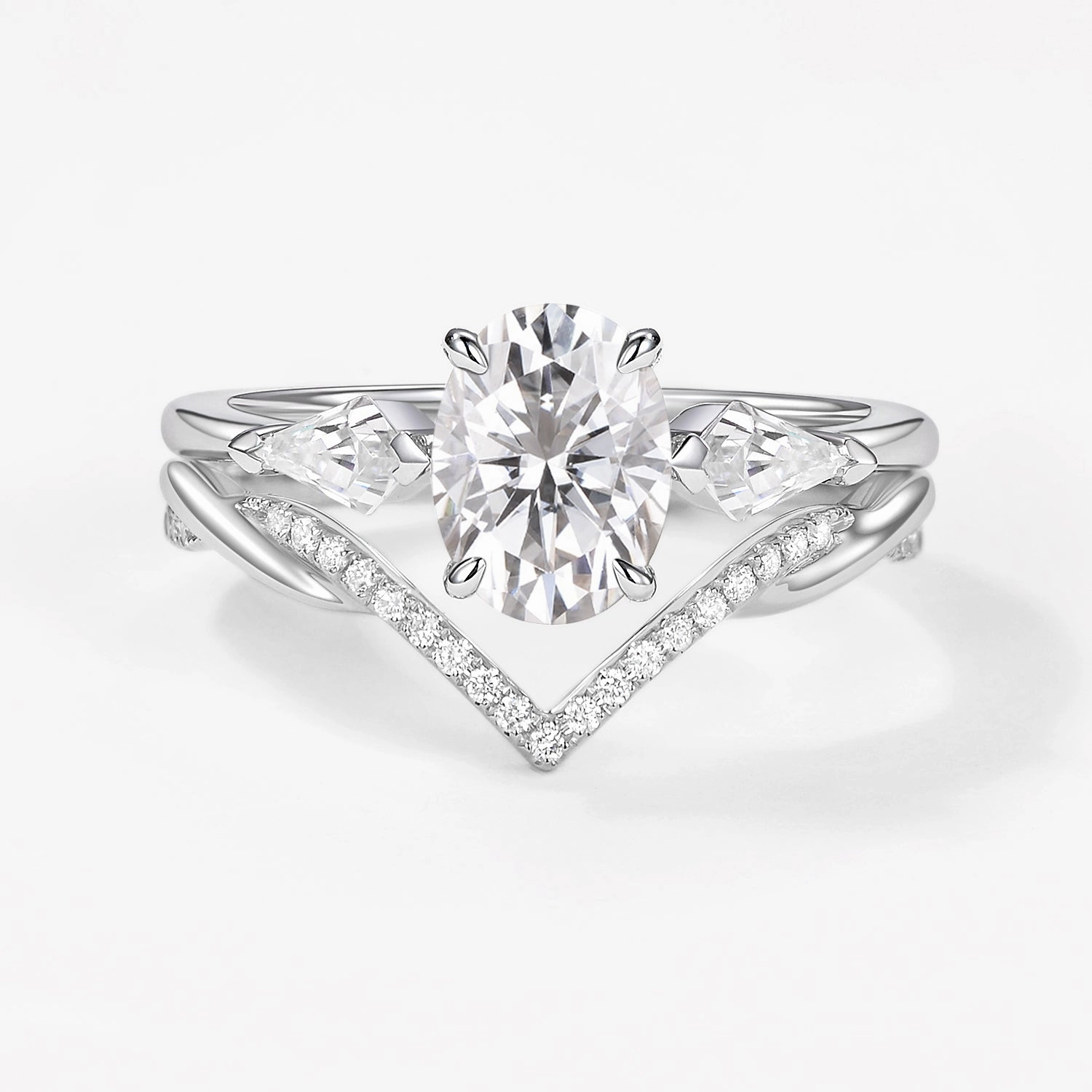 Oval Cut Moss Agate Three Stone Style Ring Set 2pcs Timeless Glow Style Pop