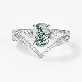 Oval Cut Moss Agate Three Stone Style Ring Set 2pcs Natural Flow Layered Accent