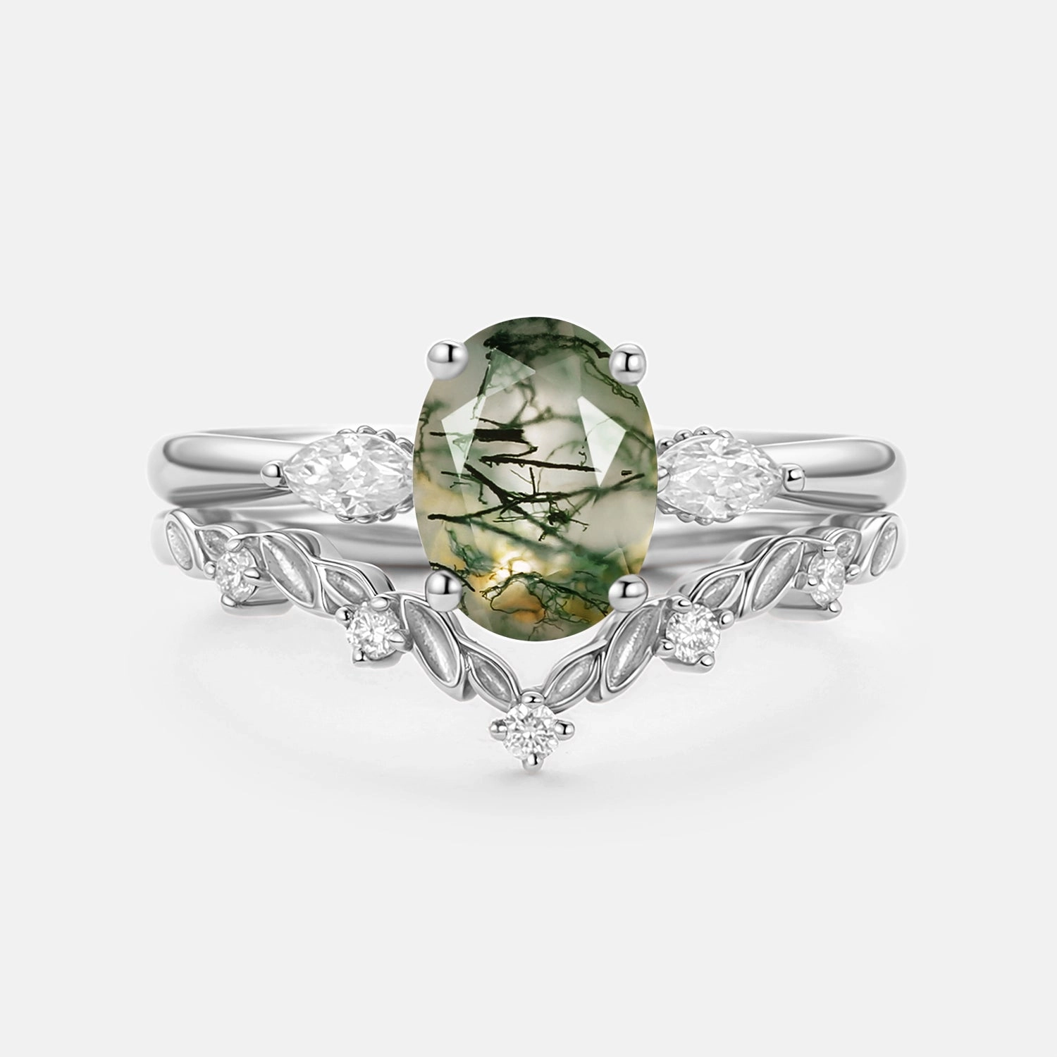 Style Statement Oval Cut Moss Agate Vine Engagement Ring Set 2pcs - Soleil