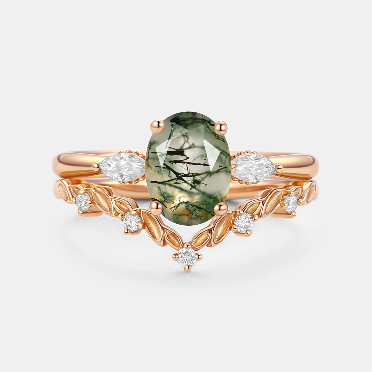 Minimal Pop Oval Cut Moss Agate Vine Engagement Ring Set 2pcs - Soleil