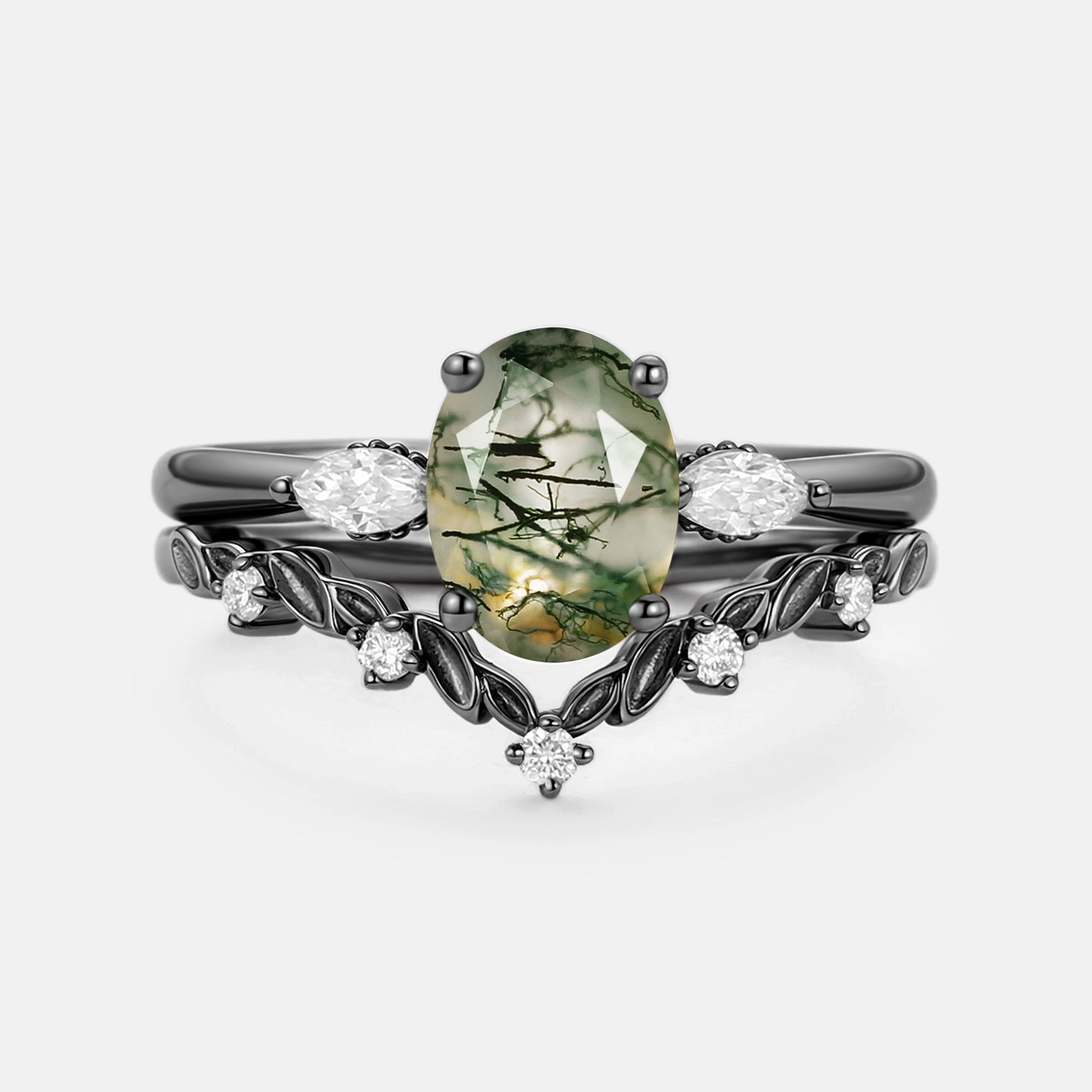 City Fashion Oval Cut Moss Agate Vine Engagement Ring Set 2pcs - Soleil