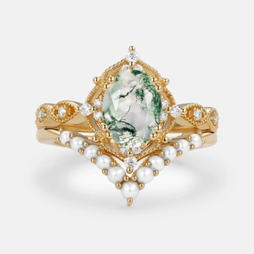 Oval Cut Moss Agate Vintage Gold Ring Set 2pcs - Slate Contemporary Glow