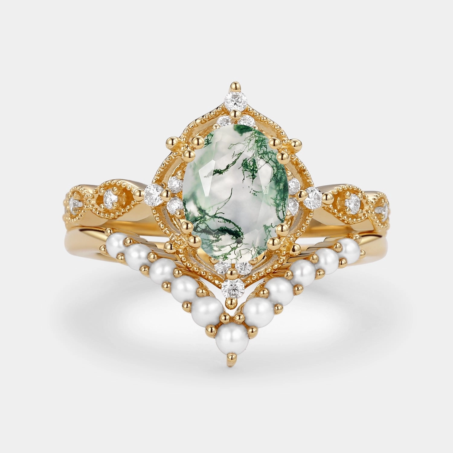 Oval Cut Moss Agate Vintage Gold Ring Set 2pcs - Slate Durable Look private label