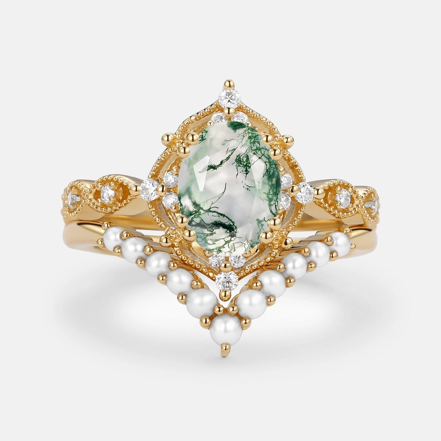 Oval Cut Moss Agate Vintage Gold Ring Set 2pcs - Slate Flirty Look Chic Evening