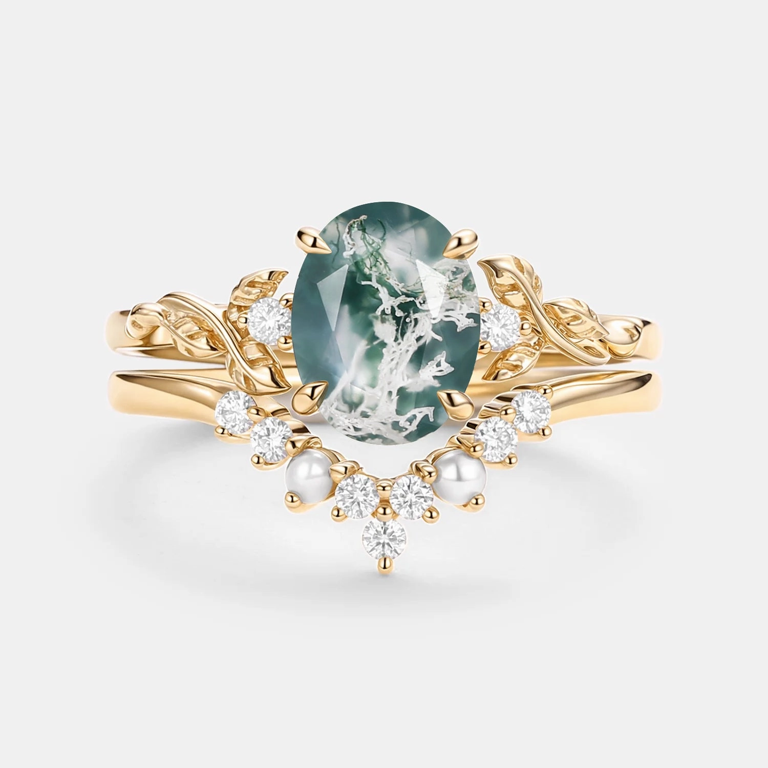 Premium Look Precious Touch Oval Cut Nature Moss Agate Leafy Gold Ring Set 2pcs - Clover