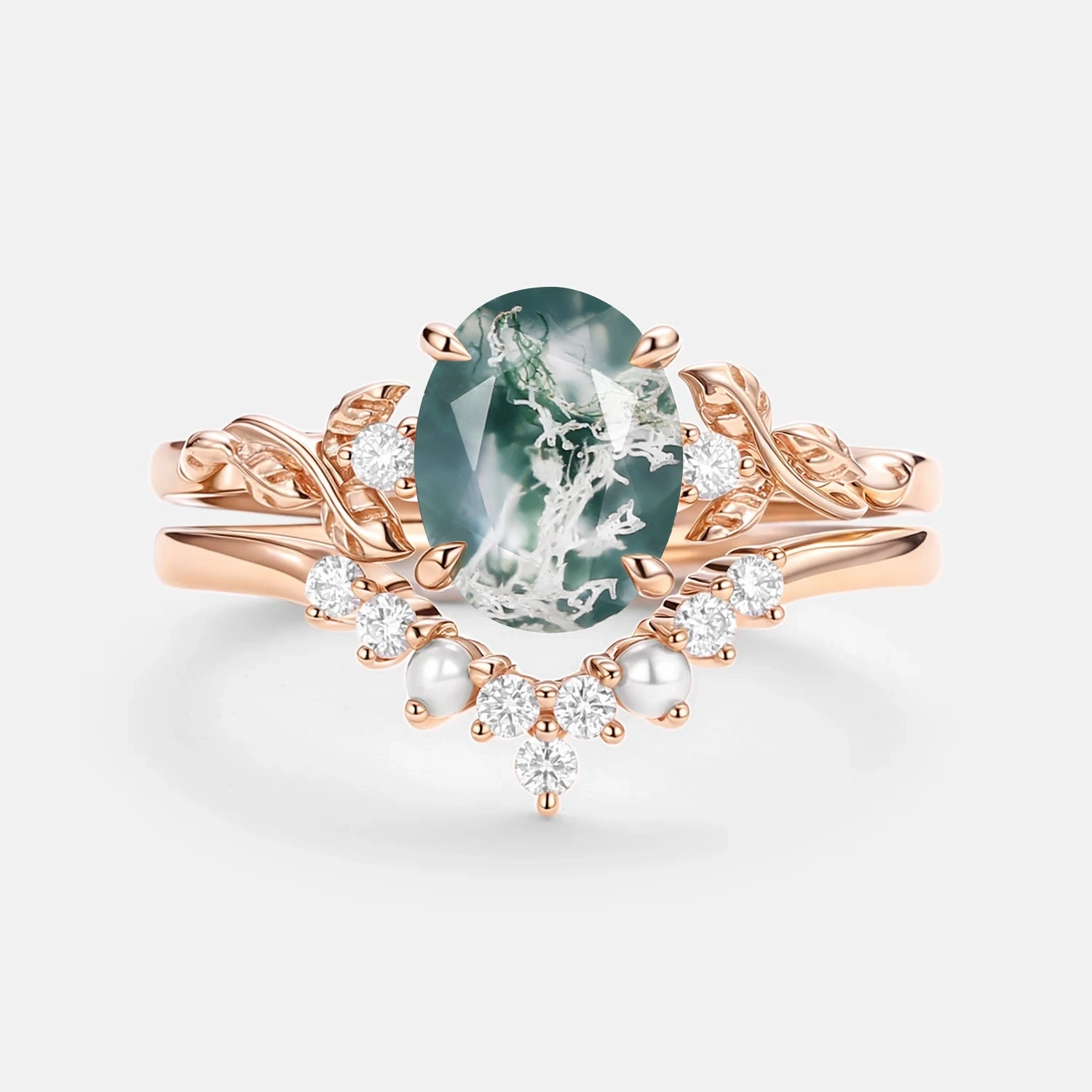 Close Focus Effortless Layer Oval Cut Nature Moss Agate Leafy Gold Ring Set 2pcs - Clover