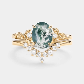Premium Look Precious Touch Oval Cut Nature Moss Agate Leafy Gold Ring Set 2pcs - Clover