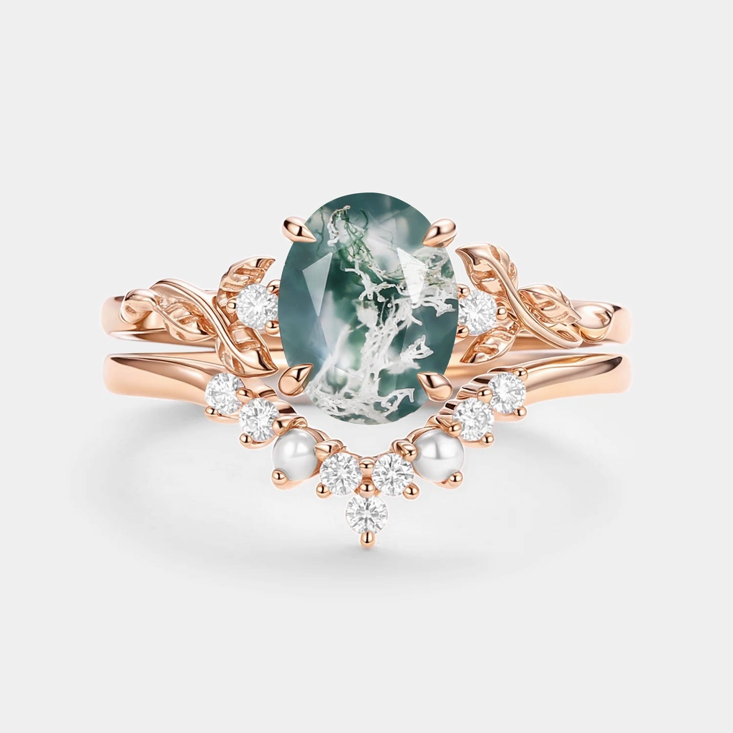 Timeless Mood Petite Accent Oval Cut Nature Moss Agate Leafy Gold Ring Set 2pcs - Clover