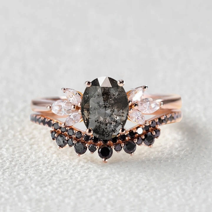 Oval Cut Salt and Pepper Diamonds & Black Moissanite Engagement Ring Sets 2pcs Refined Beauty