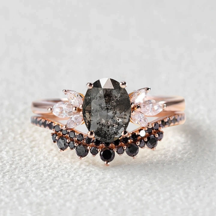 Oval Cut Salt and Pepper Diamonds & Black Moissanite Engagement Ring Sets 2pcs Sophisticated Embellishments Refined Style