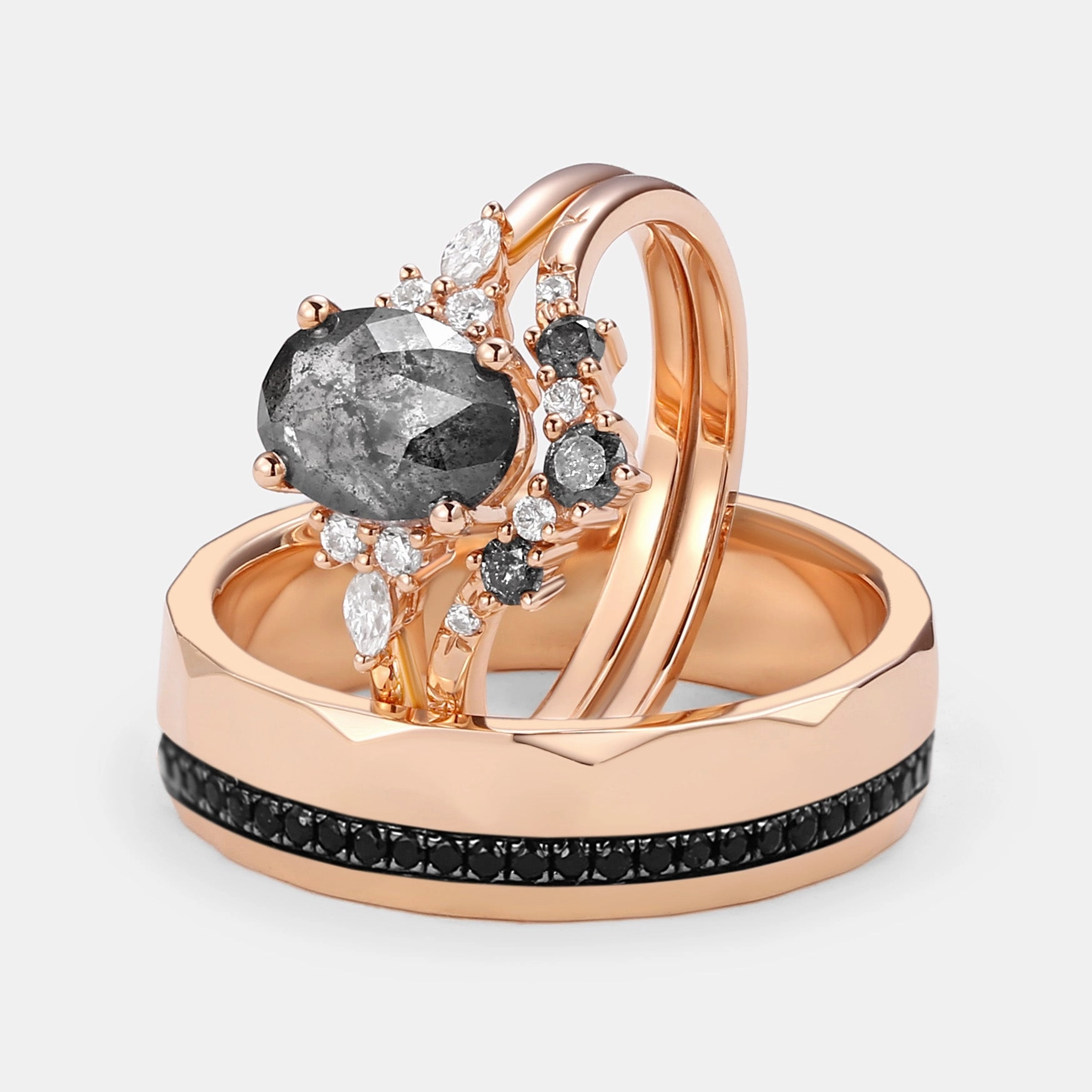 Adult Appropriate Oval Cut Salt and Pepper Diamonds Engagement Couple Ring Set 3pcs