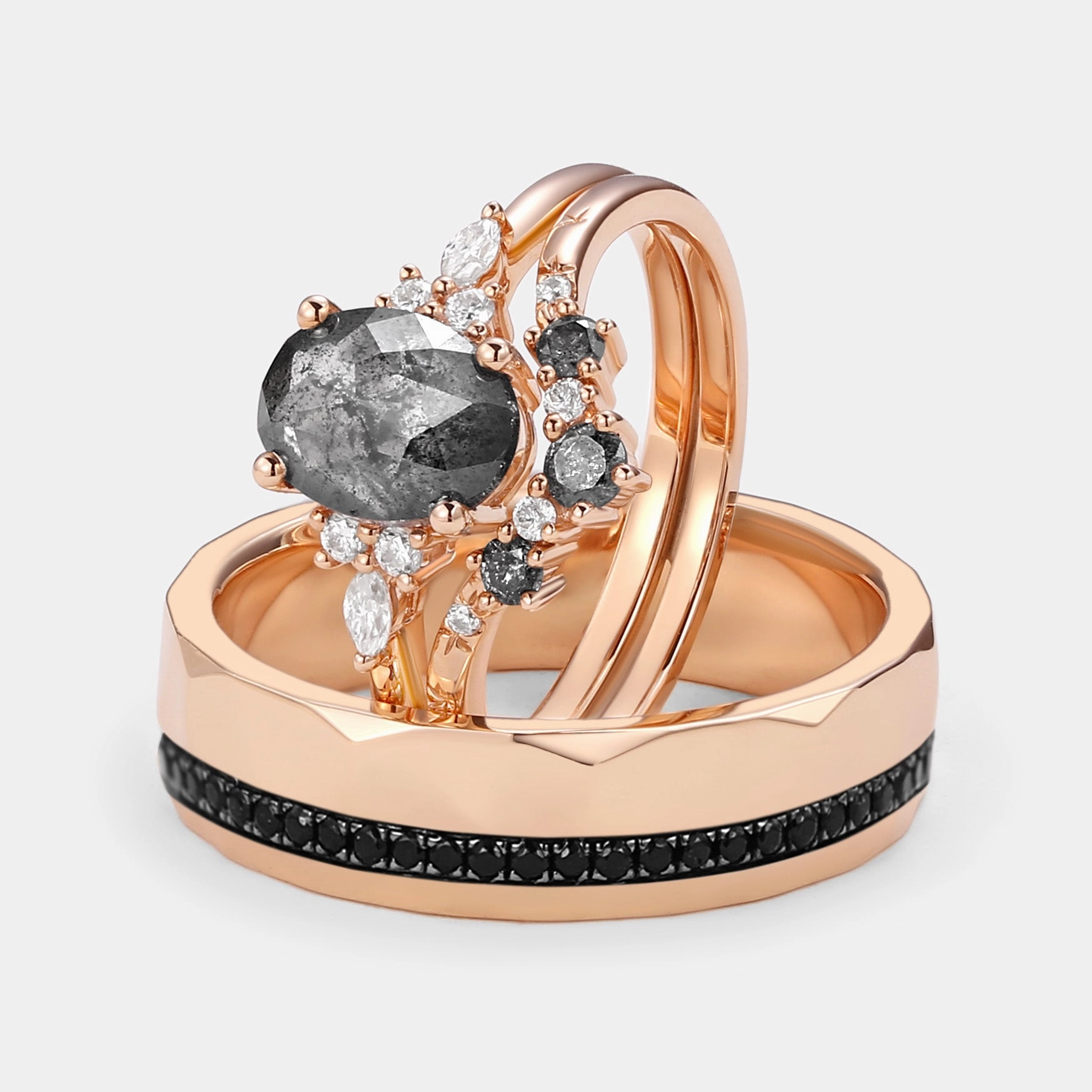 Exquisite Object Oval Cut Salt and Pepper Diamonds Engagement Couple Ring Set 3pcs