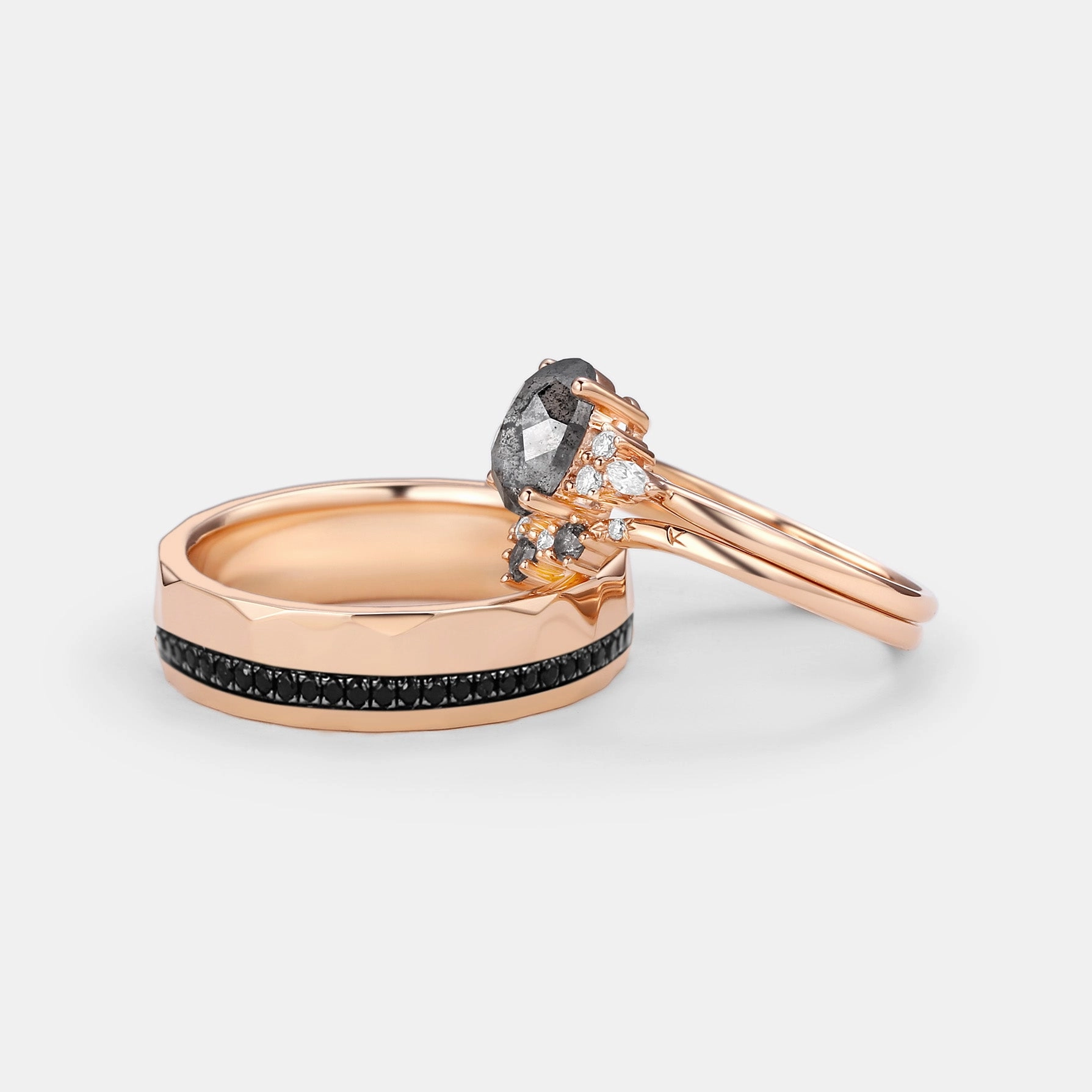 Oval Cut Salt and Pepper Diamonds Engagement Couple Ring Set 3pcs Creative Bauble Eternal Craft