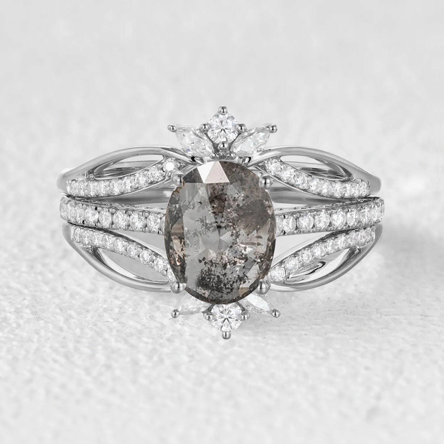 Oval Cut Salt and Pepper Diamonds Extravaganza Engagement Ring Sets 3pcs Delicate Beauty