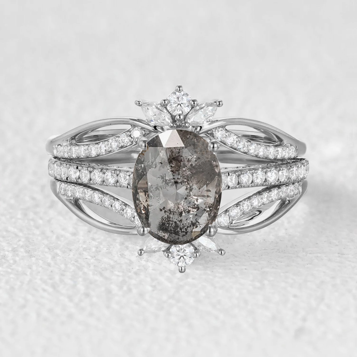Lightweight Piece Weekend Outfit Oval Cut Salt and Pepper Diamonds Extravaganza Engagement Ring Sets 3pcs