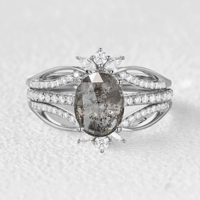 Oval Cut Salt and Pepper Diamonds Extravaganza Engagement Ring Sets 3pcs Delicate Beauty