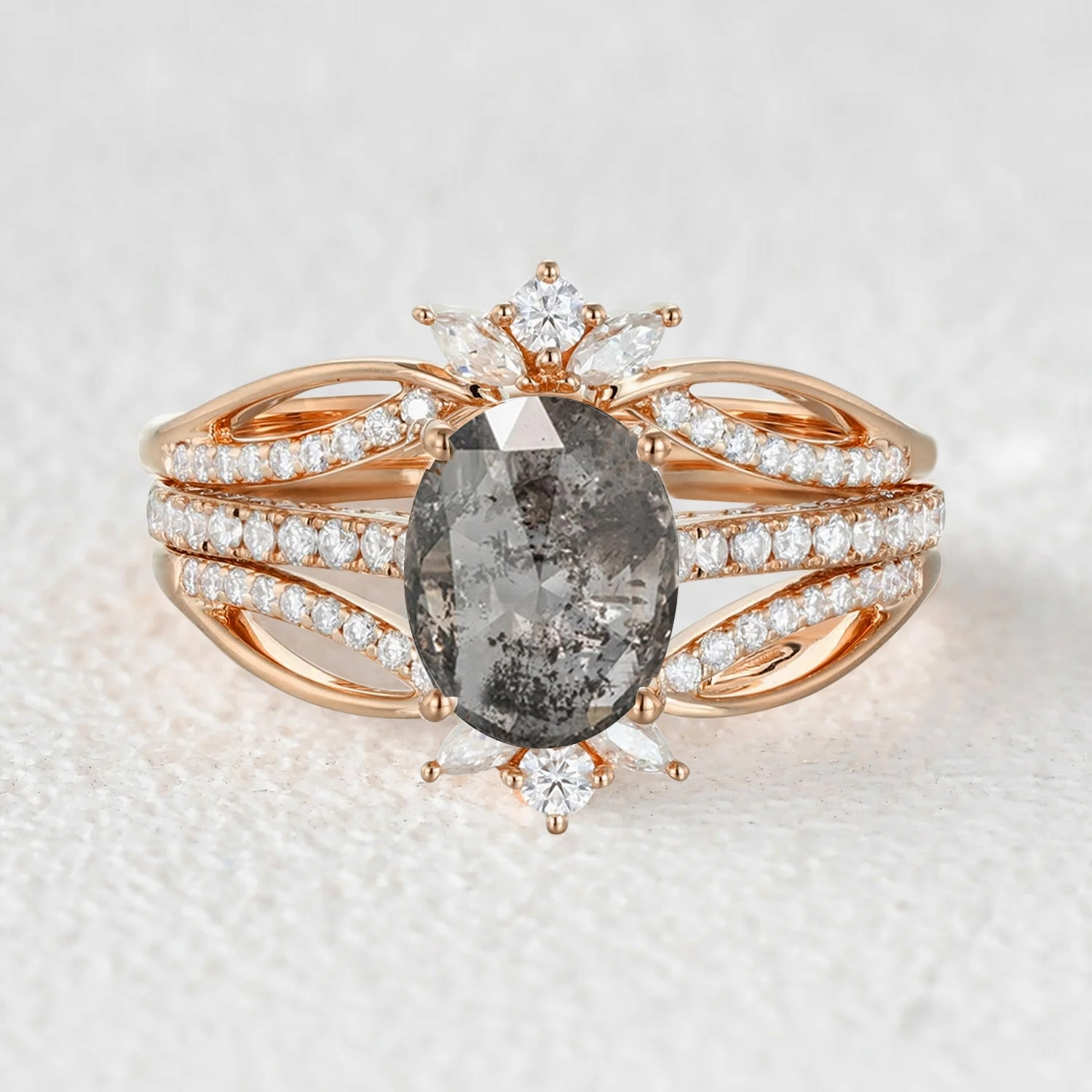 Oval Cut Salt and Pepper Diamonds Extravaganza Engagement Ring Sets 3pcs Stylish Design