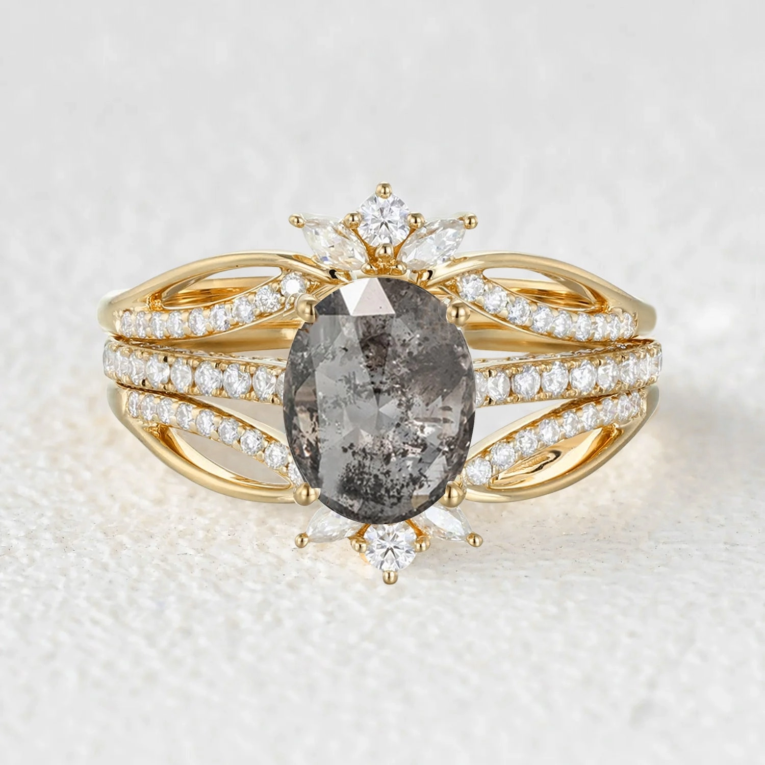 Oval Cut Salt and Pepper Diamonds Extravaganza Engagement Ring Sets 3pcs Elegant accessories