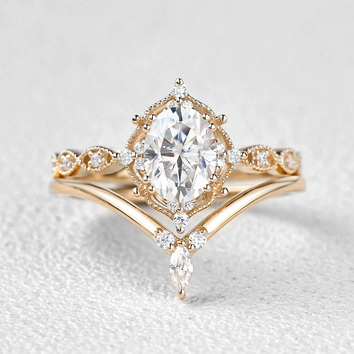 Oval Cut Signature Moissanite Rose Gold Ring Set 2pcs Unique Mark