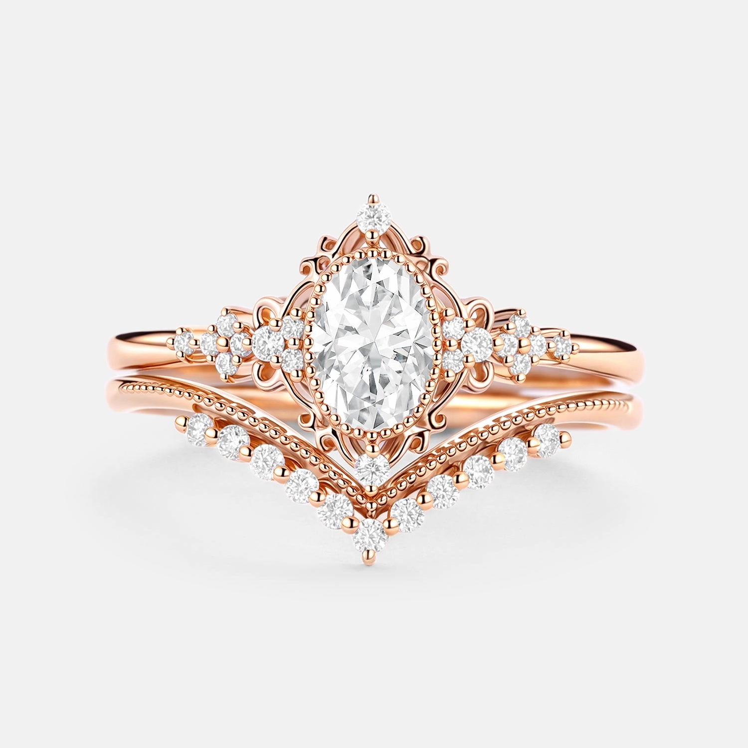 Cool Spark Sentimental Value Oval Cut Vintage Moissanite Milgrain Engagement Ring Set 2pcs