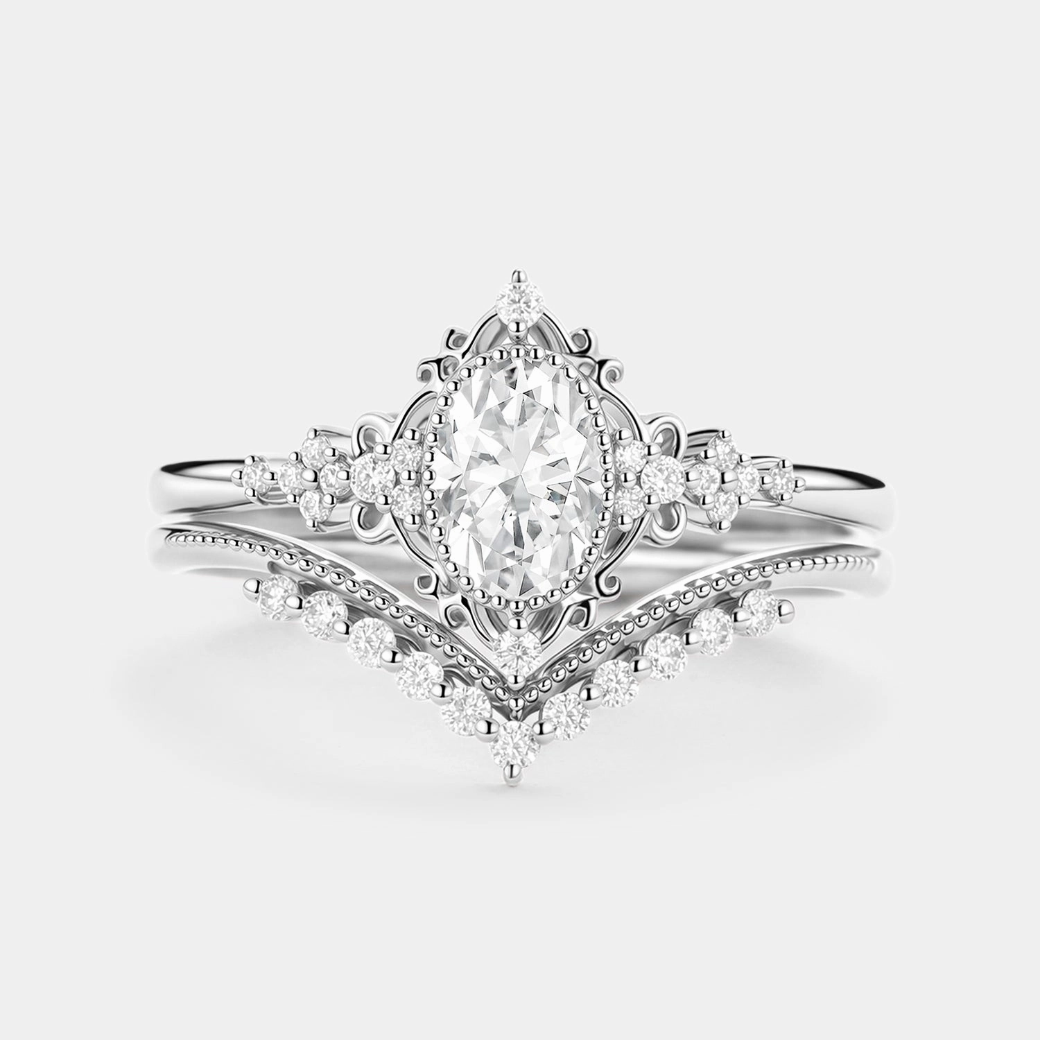 Branded Statement Return policy Oval Cut Vintage Moissanite Milgrain Engagement Ring Set 2pcs