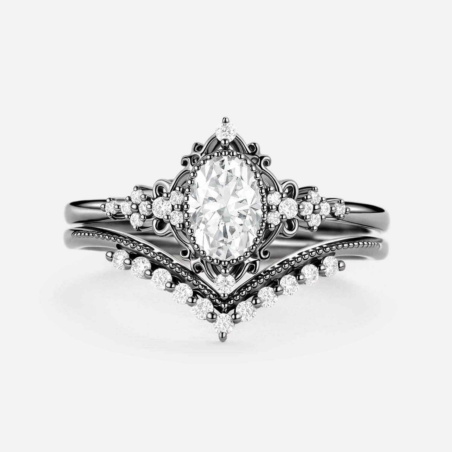 Artistic Sign Oval Cut Vintage Moissanite Milgrain Engagement Ring Set 2pcs