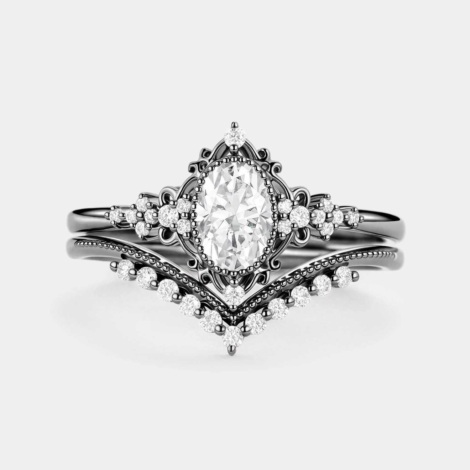 Dramatic Flare Vibrant Craftwork Oval Cut Vintage Moissanite Milgrain Engagement Ring Set 2pcs