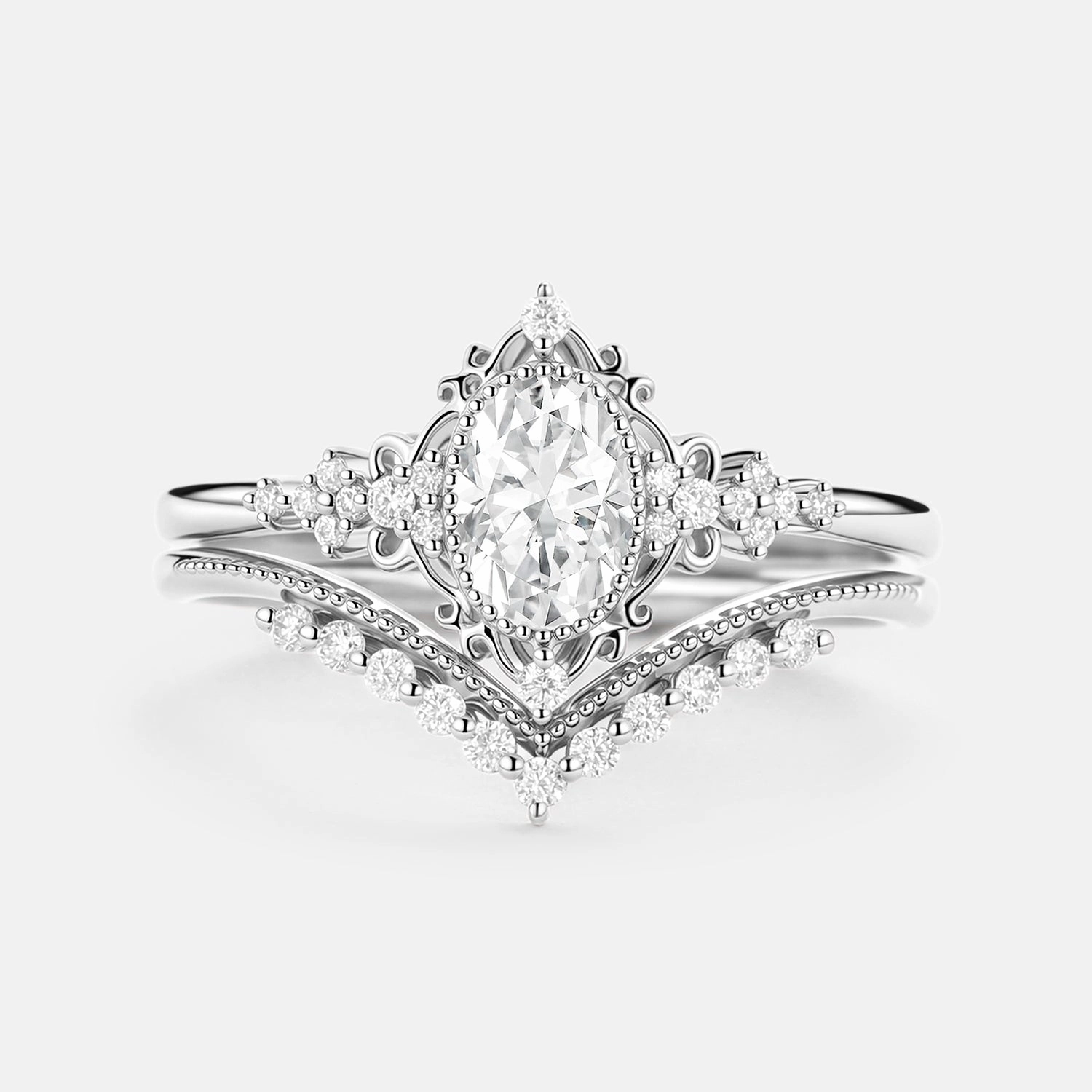 Oval Cut Vintage Moissanite Milgrain Engagement Ring Set 2pcs Impressive Finish