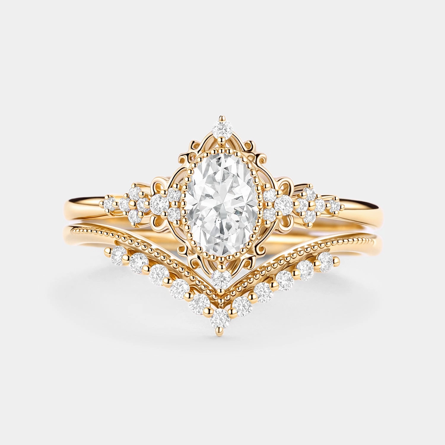 Oval Cut Vintage Moissanite Milgrain Engagement Ring Set 2pcs Daily Accessories