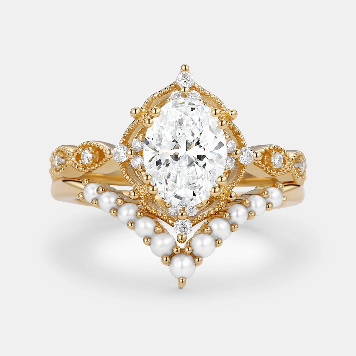 Polished Touch Traditional Memento Oval Lab Grown Diamond Signature Vintage Ring Set 2pcs - Slate