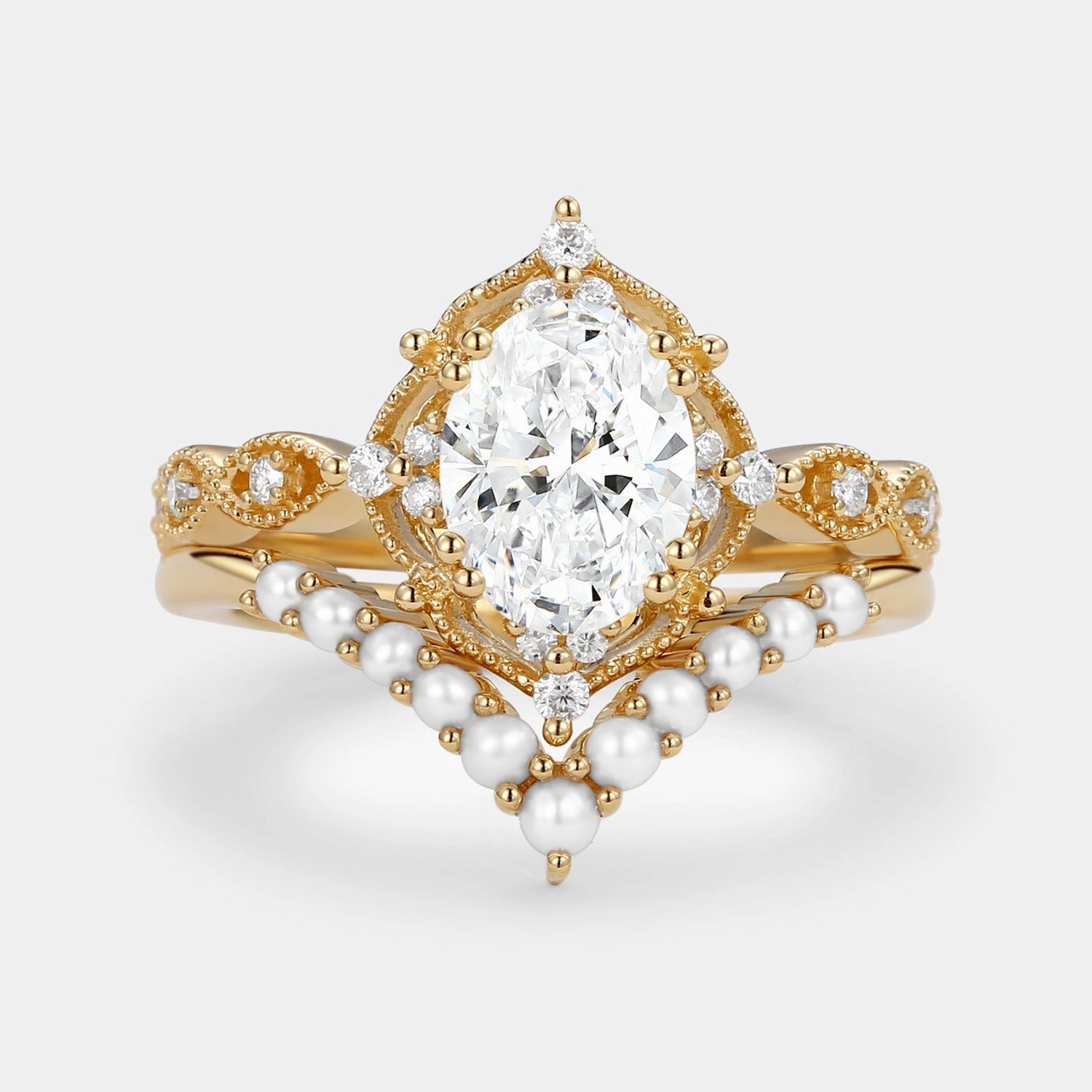 Oval Lab Grown Diamond Signature Vintage Ring Set 2pcs - Slate Ornate Bauble Everyday Glam