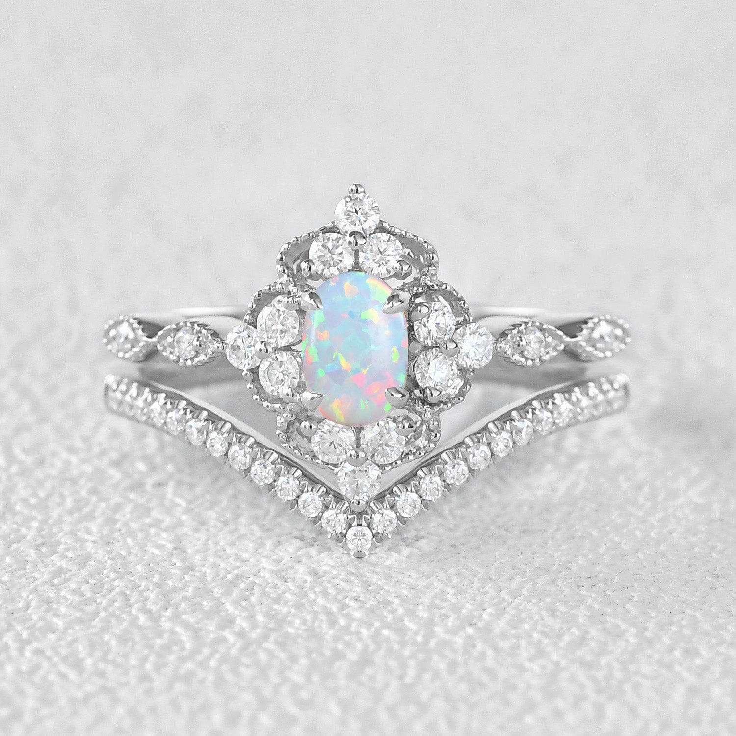 Adjustable size Oval Lab Opal & Moissanite Vintage Inspired Ring Set 2pcs