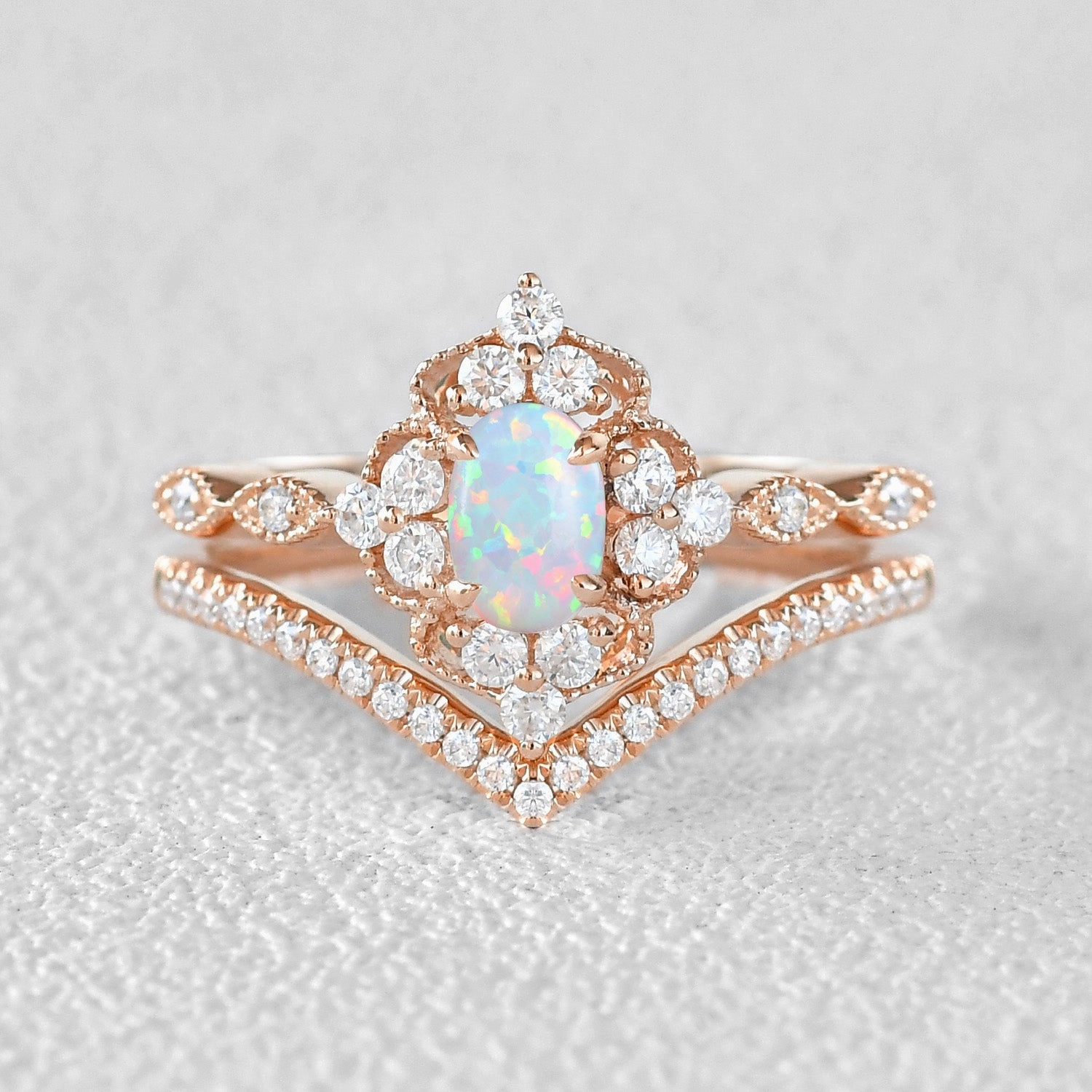 Oval Lab Opal & Moissanite Vintage Inspired Ring Set 2pcs Shiny Symbol
