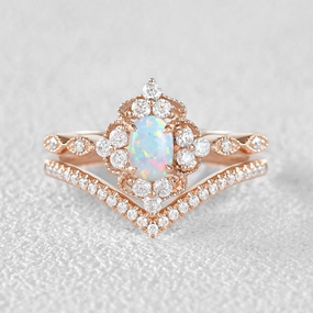 Oval Lab Opal & Moissanite Vintage Inspired Ring Set 2pcs Shiny Symbol
