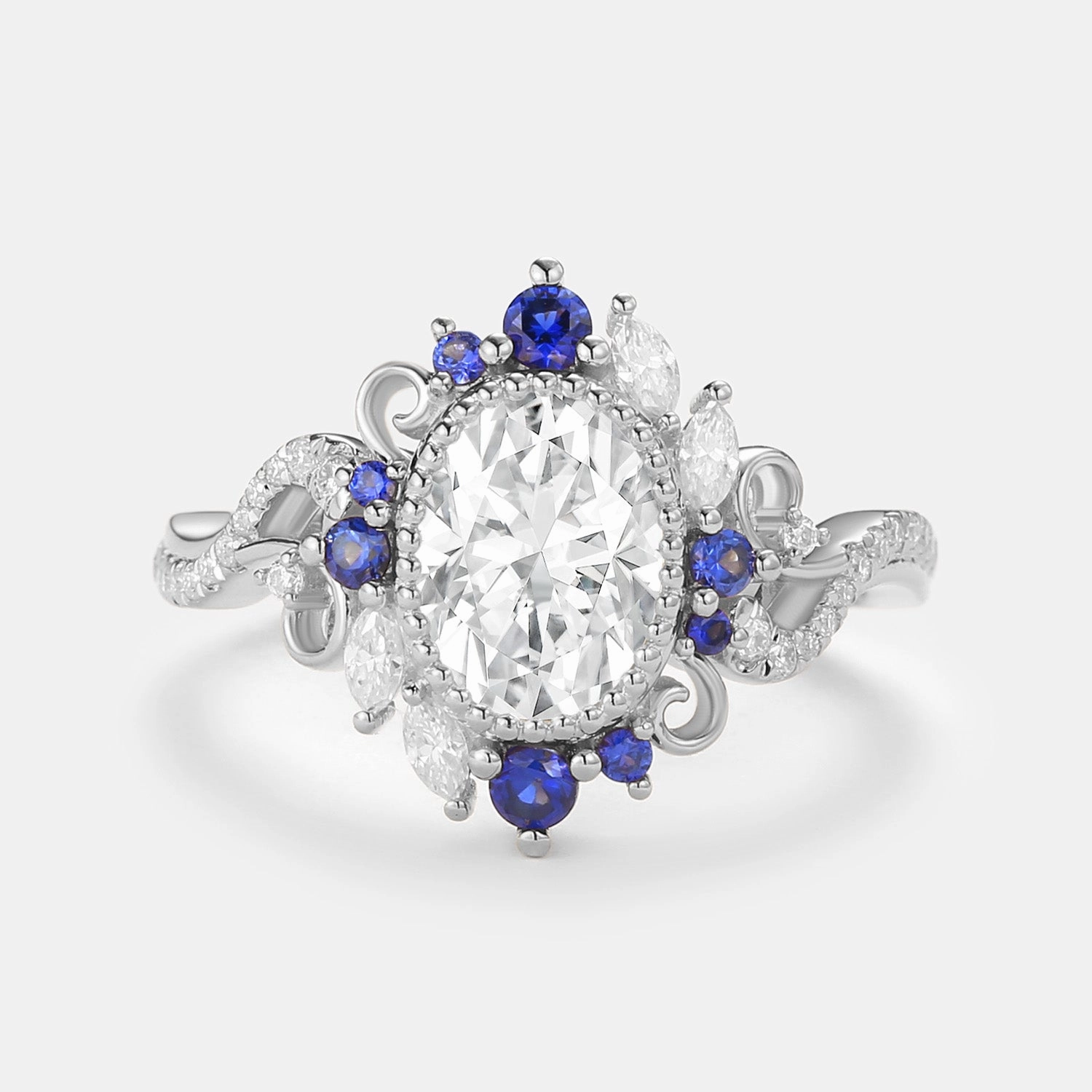 Oval Moissanite & Sapphire Twist Vintage Halo Ring Style Detail Event Glow