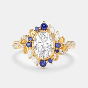 Minimal Highlight Oval Moissanite & Sapphire Twist Vintage Halo Ring