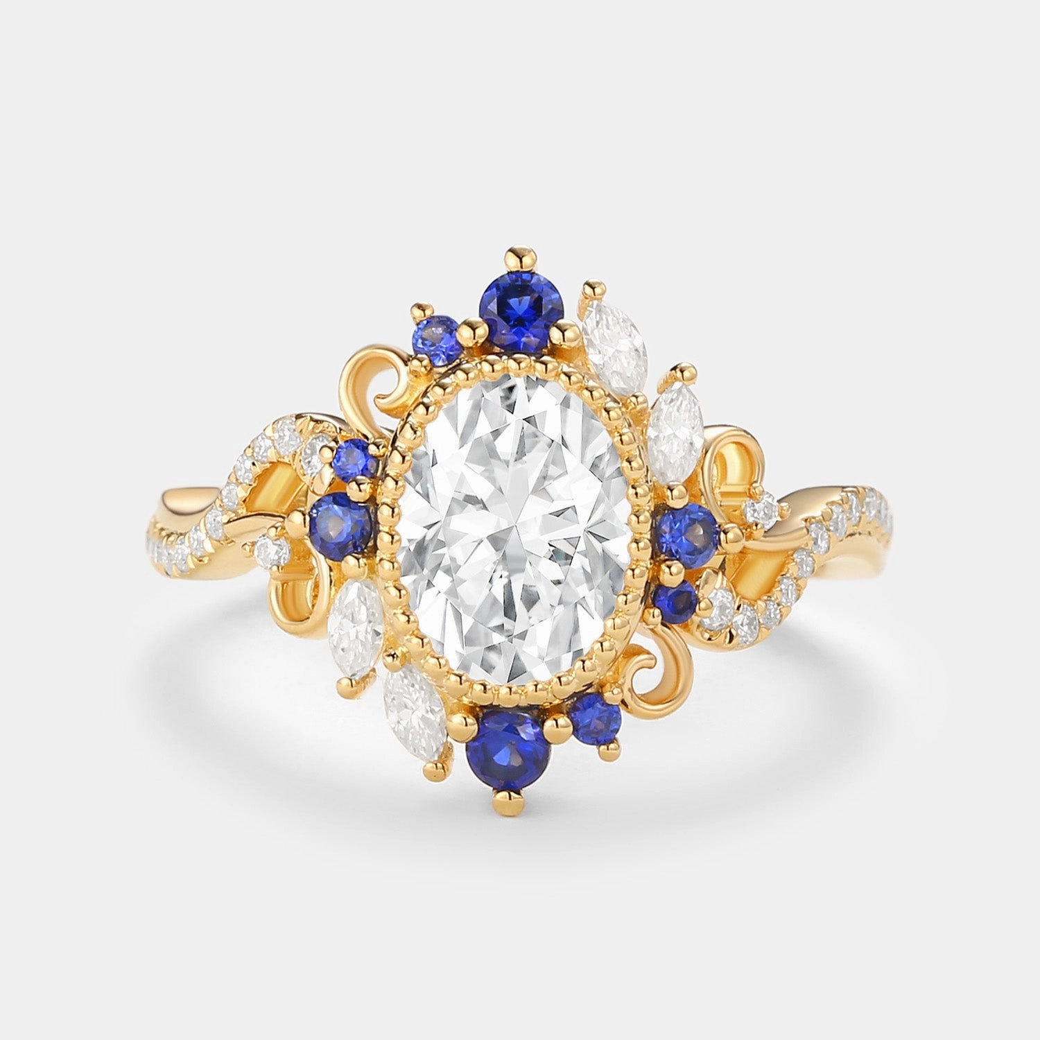 Oval Moissanite & Sapphire Twist Vintage Halo Ring Chic Fashion