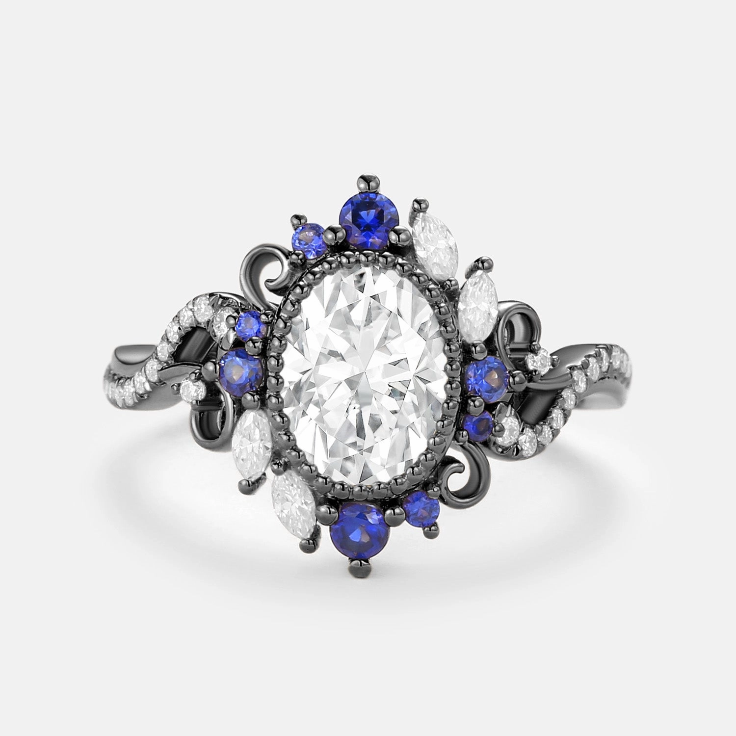 Wonderful Style Oval Moissanite & Sapphire Twist Vintage Halo Ring