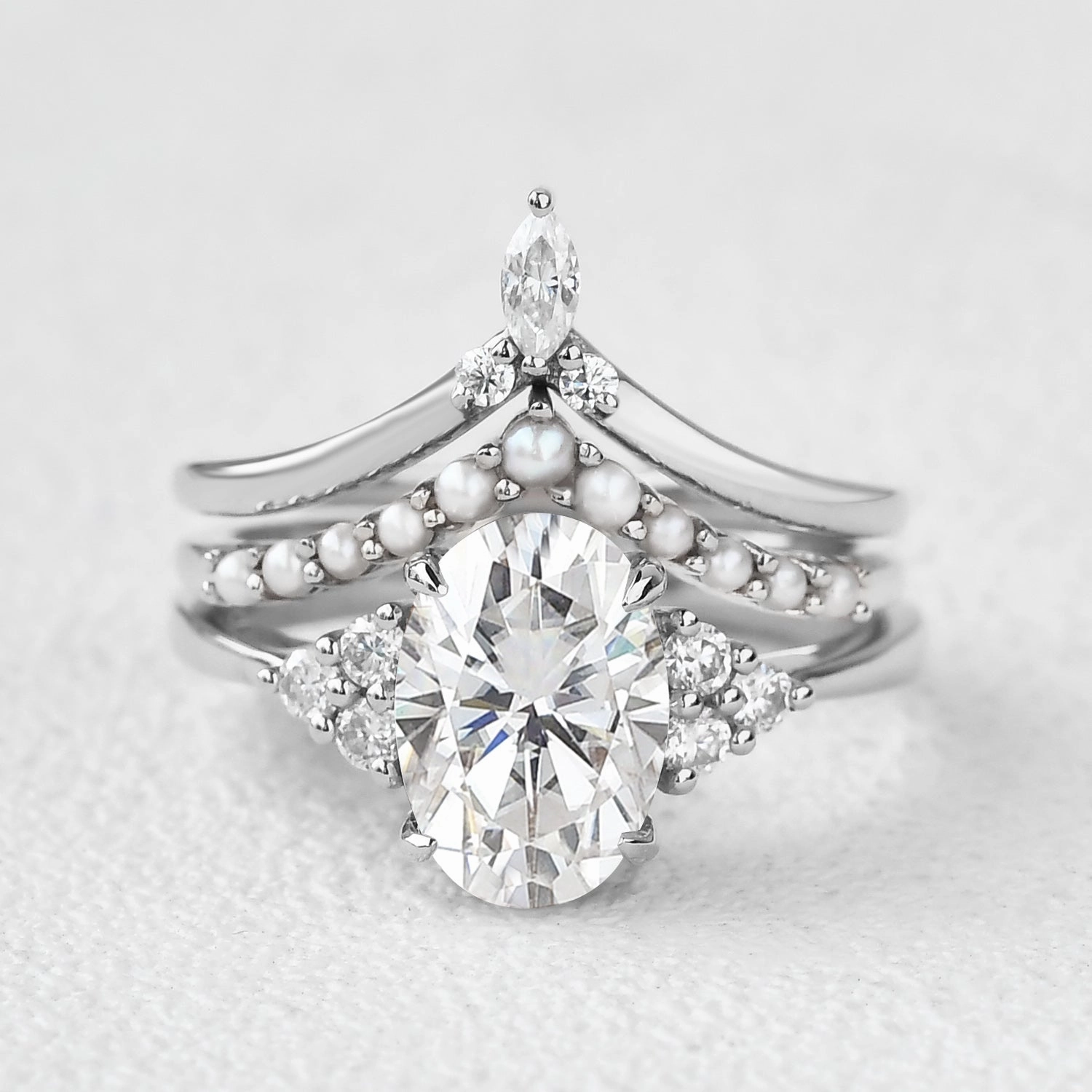 Oval Moissanite Pearl-fect Vintage Gold Ring Set 3pcs Trendy Appeal