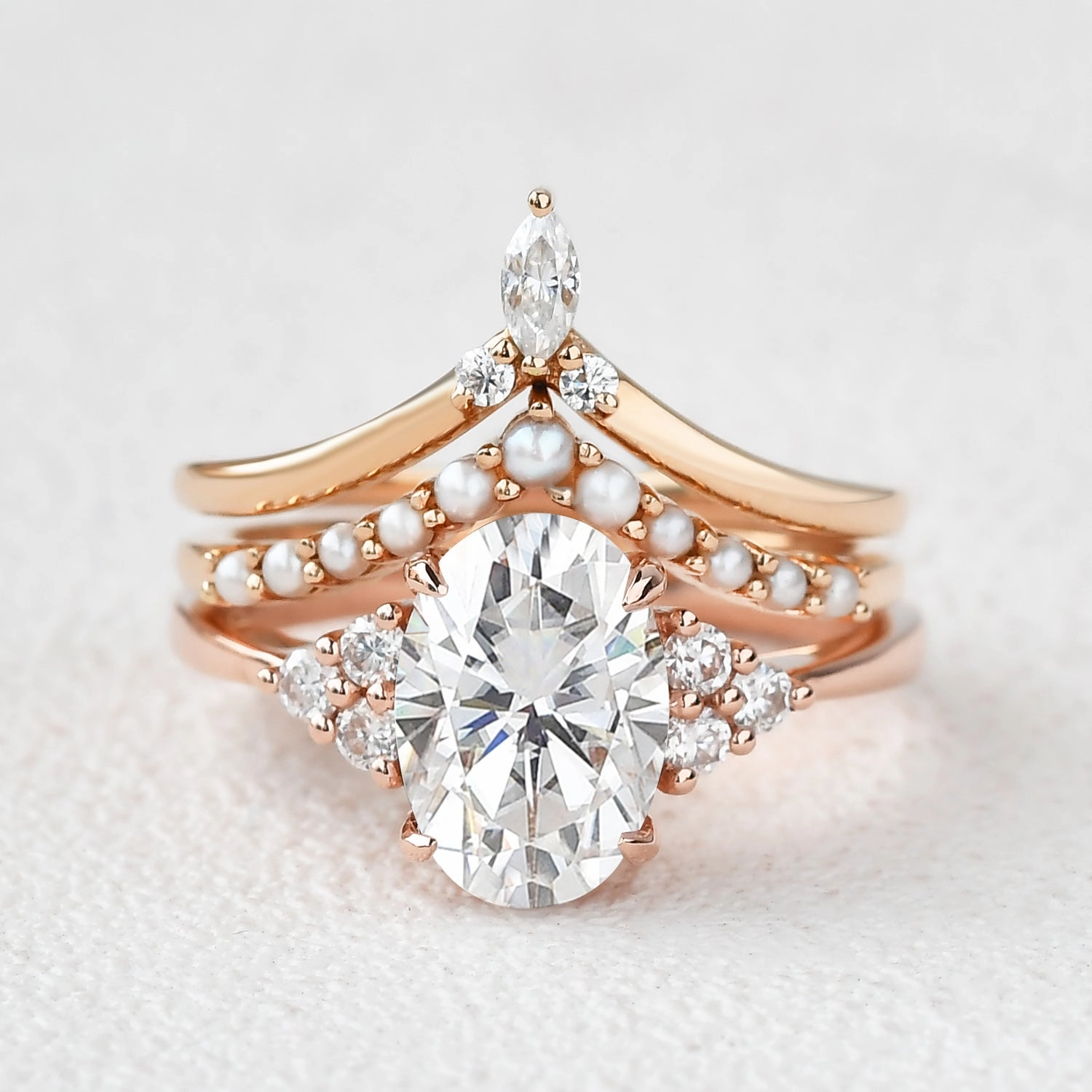 Oval Moissanite Pearl-fect Vintage Gold Ring Set 3pcs Polished Craft