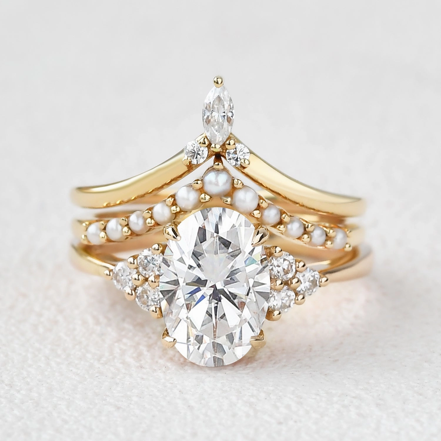 Oval Moissanite Pearl-fect Vintage Gold Ring Set 3pcs Casual Wear