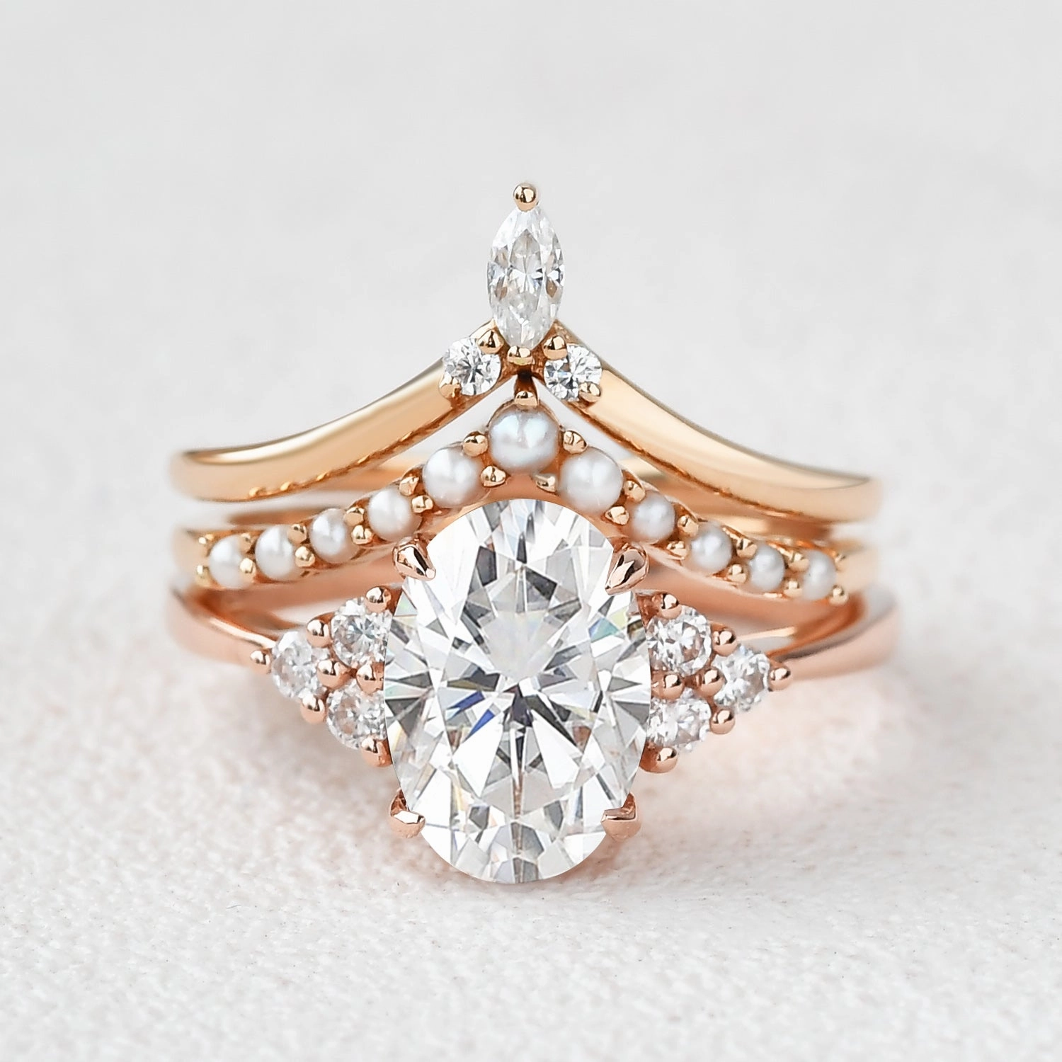 Oval Moissanite Pearl-fect Vintage Gold Ring Set 3pcs Casual Spark